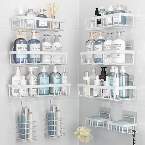 Image of Liuoud 10 Pack Shower Caddy Organizer Rack Shelf for Inside Shower, Self Adhesive Wall Storage Basket Rustproof Stainless Steel Shampoo Holder Bathroom Accessory Decor Set, White