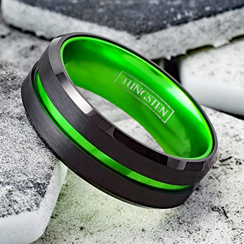 Sublime 6mm/8mm Black Tungsten Carbide Band Ring w/Lime Green Stripe & Matching Lime Green Anodized Aluminum Inner Band.2