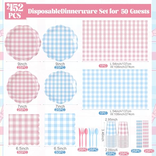 Image of Funnymoom 452 Pcs Gender Reveal Gingham Party Decoration for 50, Pink and Blue Gingham Checkered Paper Plates Napkins Cups Tablecloth Cutlery Straws for Gender Reveal Baby Shower Party Supplies