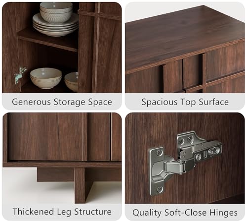 Image of Sideboard Buffet Cabinet with Storage, Mid Century Modern Accent Cabinet with Skeleton Line & Wood Grain Texture,Minimalist Geometric Credenza for Living Room, Kitchen and Entryway, Walnut
