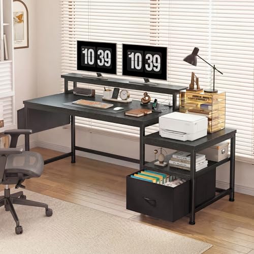 Image of EnHomee 56.5 inch Office Desk with Drawers & Printer Space for Home Work,Black | Computer Desk with 3 AC Outlets& 2 USB Ports,40 inch*7 inch Long Monitor Stand,Side Pockets with Storage Space,Home Office,Bedroom