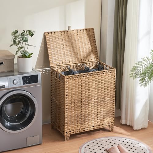 Laundry-Hamper-with-Lid-190L-Large-Laundry-Basket-3-Section-with-6-Removable-Liner-Bags-3-Mesh-Laundry-Bags-Handwoven-Rattan-Clothes-Hamper-with-Heightened-Feet-No-Install-Needed-Natural Laundry Hamper with Lid 190L Large Laundry Basket 3 Section with 6 Removable Liner Bags 3 Mesh Laundry Bags Handwoven Rattan Clothes Hamper with Heightened Feet No Install Needed Natural