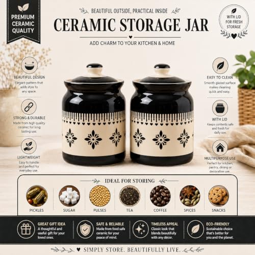 Image of D'Maiolica Ceramic Handmade Pickle Jars in 1000ml (set of 2) | Floral Bale 1 kg Achaar Martban | Ceramic Jadi for Kitchen Storage (Set of 2) | Jars for Achar, Spices, Salt (Midnight Blossom Heartline)