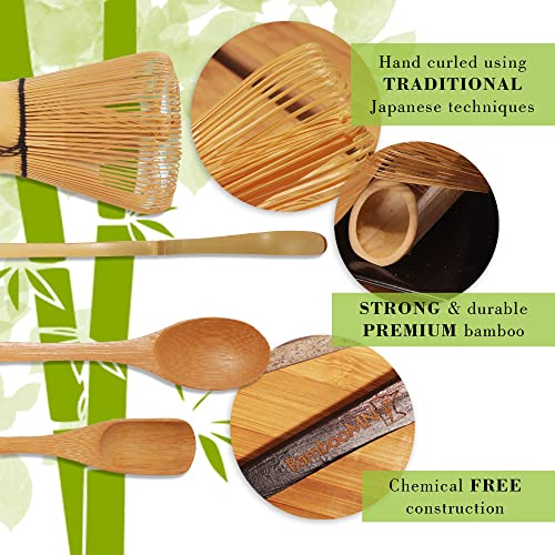 BambooMN Japanese Matcha Whisk Chasen - Traditional Handcurled 100 Tate Matcha Utensil - Natural Golden Brown - 10 Pieces
