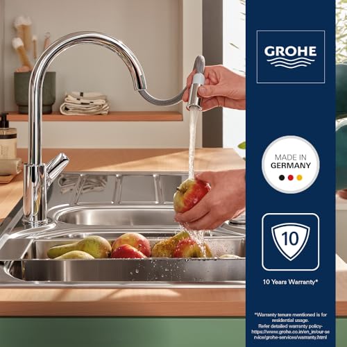 Image of Grohe StartEdge Pull-Out Single-Lever Sink Mixer Faucet| Deck Mounted Kitchen Sink Tap | Hot and Cold Single Lever Faucet with 360 Swivel Spout | Chrome Finish | 10 Year Warranty | 30551000