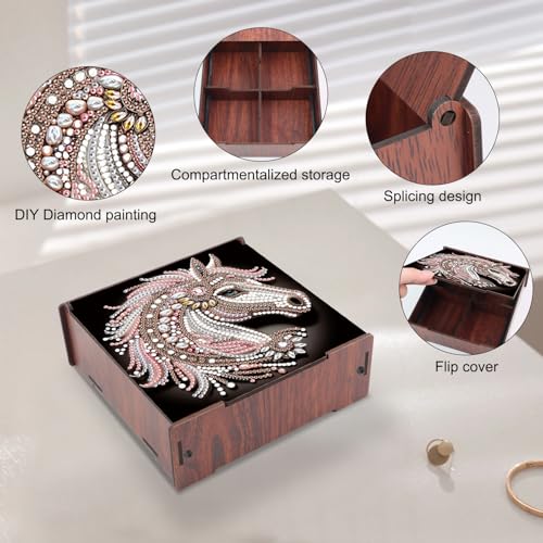 Image of DIY Diamond Art Storage Box with Flip-Top Lid, Glittering Horse Head Design Wooden Diamond Painting Organizer with 4 Divided Compartments, Portable Desktop Craft Storage for Accessories Supplies
