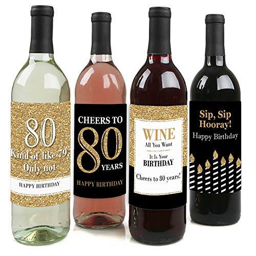 Big Dot of Happiness - Adult 80th Birthday - Gold - Birthday Party Gift for Women and Men - Wine Bottle Label Stickers - Set of 4