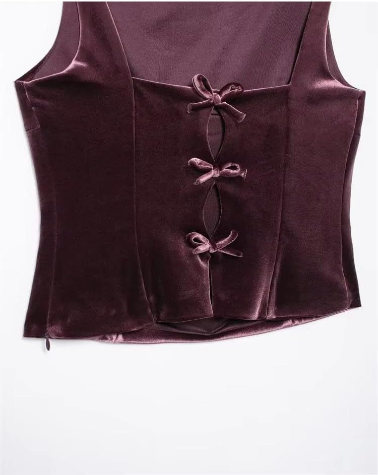 Women's Velvet Spaghetti Strap Back Bow Vest with Side Zipper and Slash Neck4