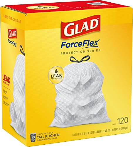 Glad ForceFlex Tall Kitchen Drawstring Trash Bags 13 Gallon White Trash Bag, Unscented 120 Count (Package May Vary)