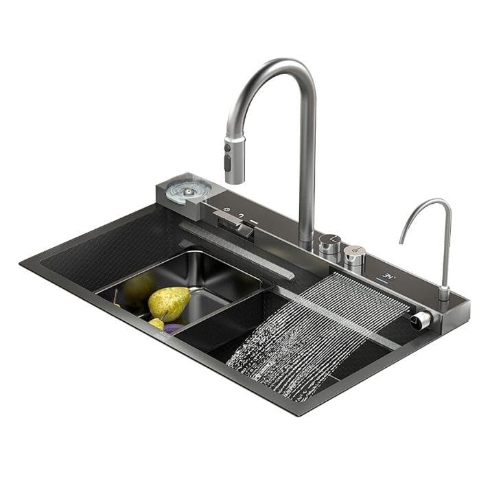 Edelstahl Waschbecken Mit Waschbrett – 70x48x22 Cm, Schwarz Mit Partikeloberfläche. Inkl. Abflussset Für Balkon, Keller, Haushalt