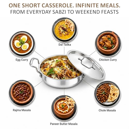 Image of SOLARA Triply Stainless Steel Short Casserole with SS Lid, 28 cm, Tri-Ply Heavy Bottom Cooking Pot with Cast Steel Handles, Induction & Gas Compatible