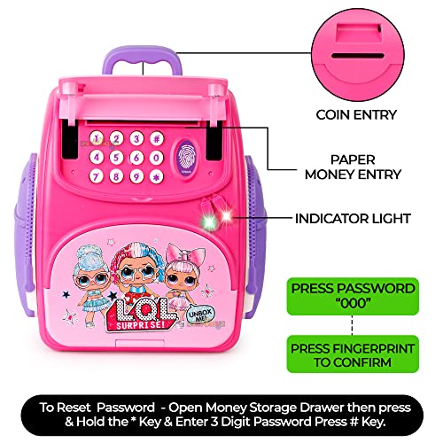 Image of zest 4 toyz ATM Piggy Bank Money Saving Bank for Real Money Cash Coin School Bag Musical Money Safe for Kids Girls Piggy Savings Bank with Finger Print Sensor (Pack of 1) Multicolor