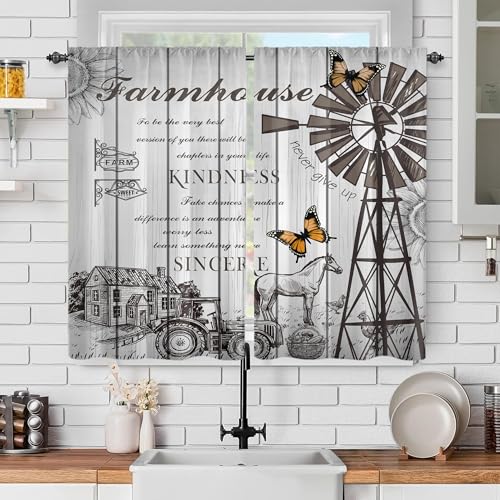 Llylumty Rustic Farmhouse Kitchen Curtains,Windmill Barn Sunflower Butterfly Tractor Horse Print Window Drapes for Dining Room Living Room,21x45 Inch