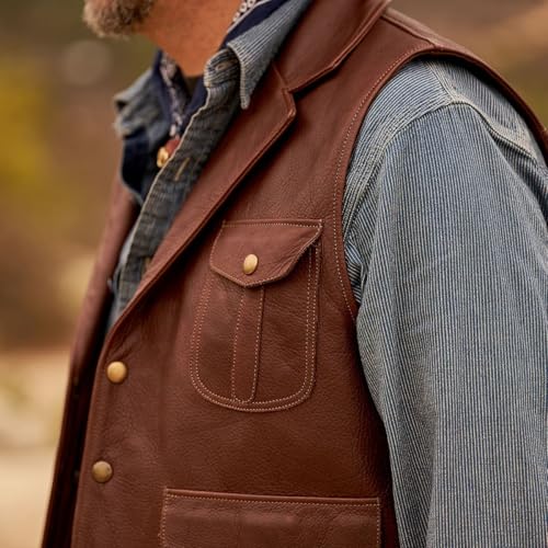 Men Genuine Cowhide Leather Brown Vintage Waistcoat, Western Sleeveless Vest Cowhide2