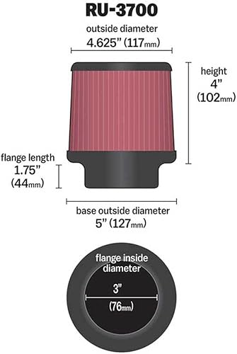 Miniatura 4 de K&N Filtro de aire universal con abrazadera alto rendimiento, Premium, lavable, Filtro de repuesto Diámetro de la brida 3 in, Altura del filtro 4