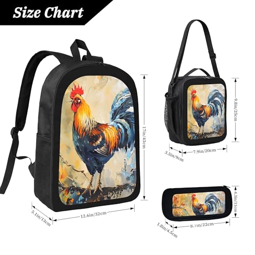 Animal Chicken Oil Painting 3 Pcs 17 Inches Backpack Set With Insulated Lunch Bag And Pencil Pouch Large Back Pack For Men Women Lunchbox Pencil Case Waterproof Backpacks Lunch Box 3 Piece Daypacks4