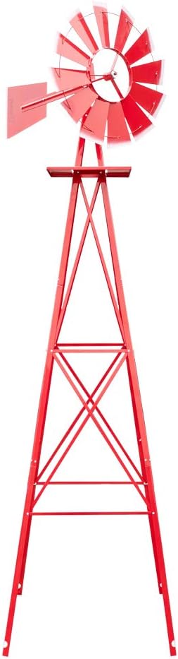 VINGLI 8FT Ornamental Windmill Backyard Garden Decoration Weather Vane, Heavy Duty Metal Wind Mill w/ 4 Legs Design, Red