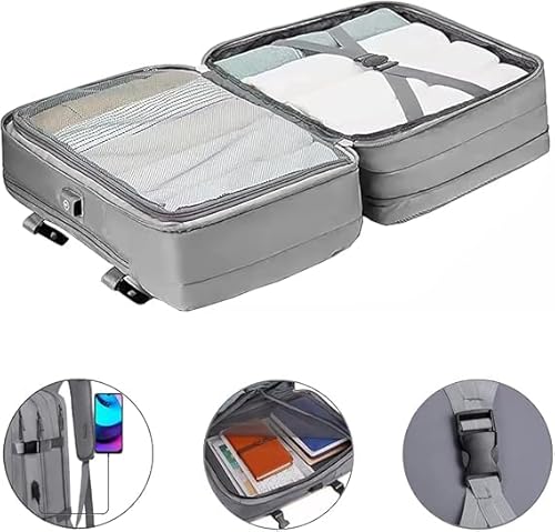 Mochila Mala Unissex Com Bolso Expansível Espaço Para Notebook Cabo USB Trabalho Viagem Bordo (Cinza
