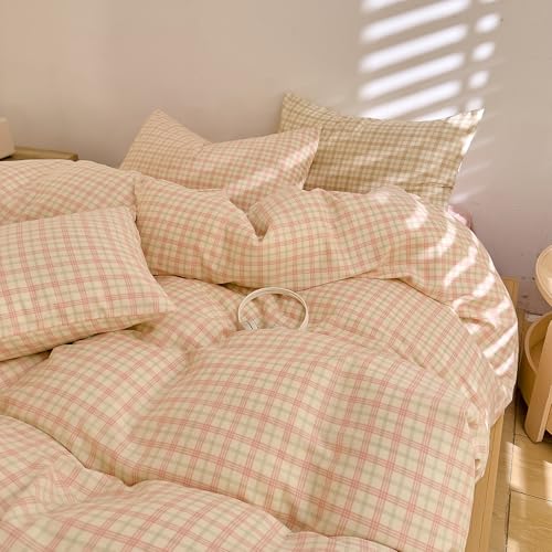 HighBuy Pink Plaid Gingham Duvet Cover Set Queen,Muslin Cotton Lightweight Soft Bedding Set,Plaid Checkered Pattern Bedding Duvet Cover,Gauze Breathable Comforter Cover with Zipper Ties