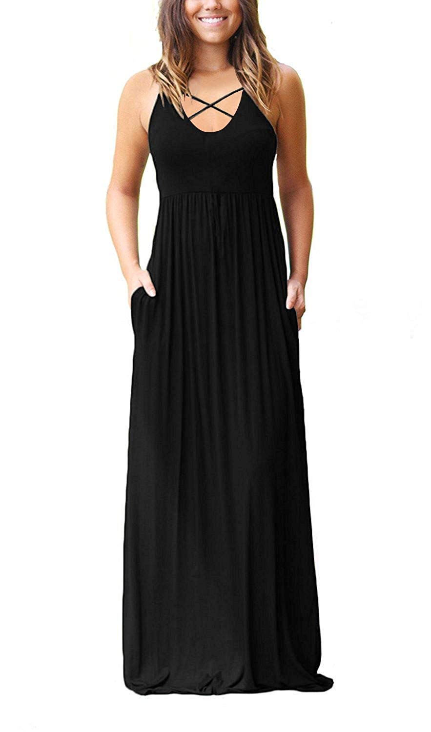 LILBETTER Women's Sleeveless Racerback Maxi Dress - Loose Casual Long Dress With Pockets, Black