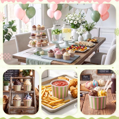 Image of Zopeal 50 Count Pink and Green Striped Ice Cream Cups Paper Dessert Bowls