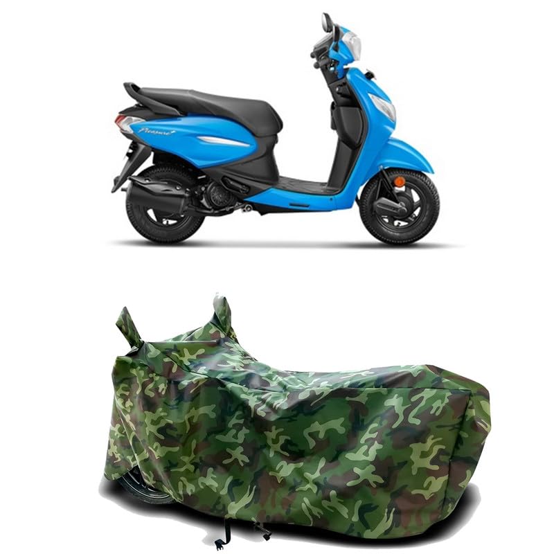 Image of DUFFEL-100% Heat Protection Two Wheeler Bike /Scooty Body Cover for Hero Pleasure+ 110 BS6 Water Resistance /UV-Rays /Birds Dropping /Scratchproof /Dust Proof /Waterproof[Green Jungle Print]