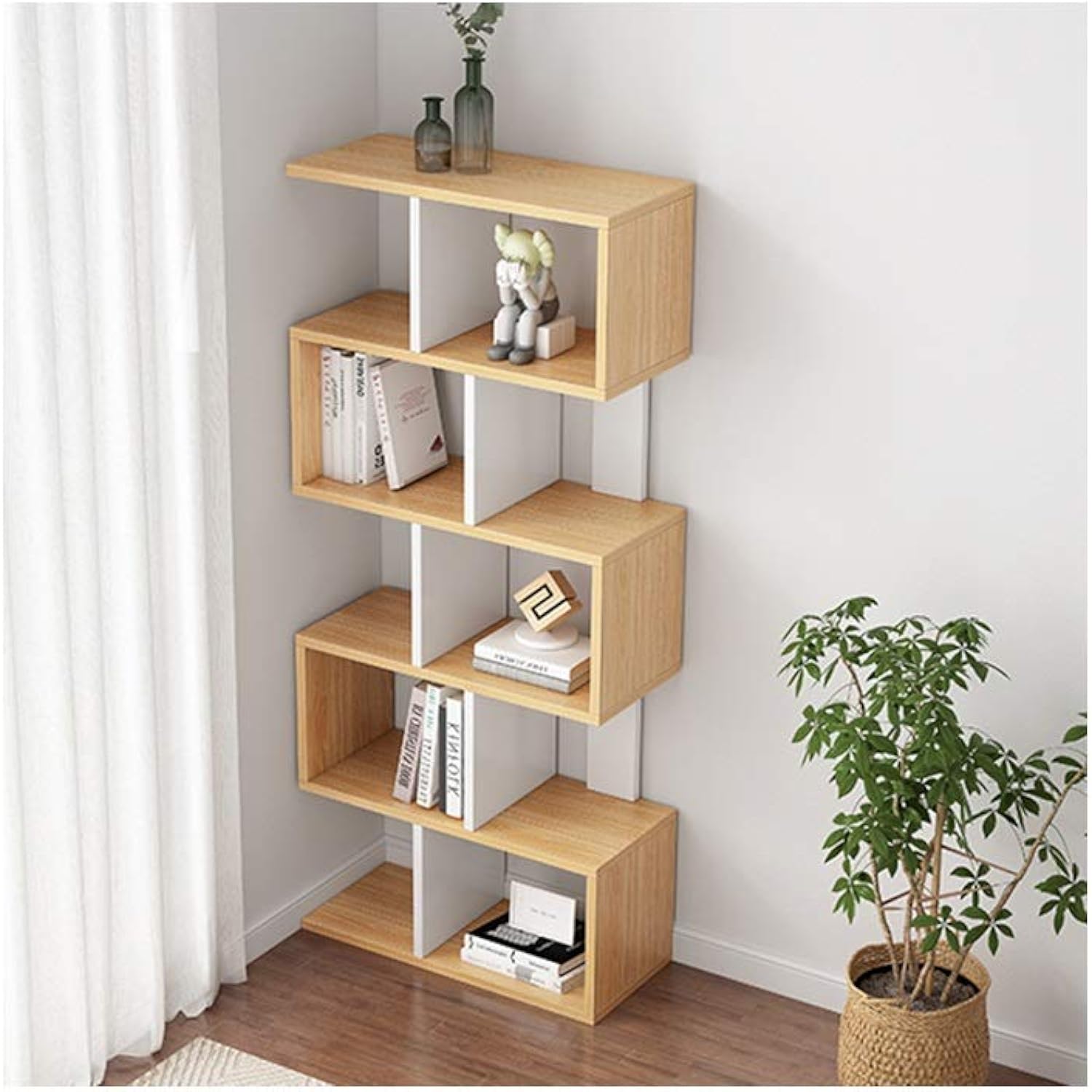 SShaped Bookshelf Wood Floor Standing Bookcase Storage