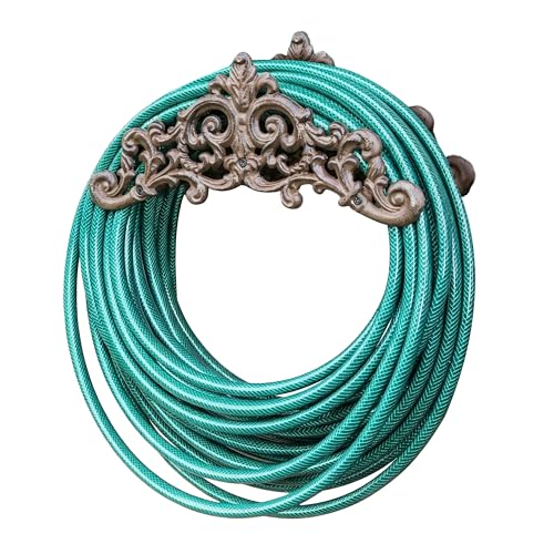 MTS Antique Cast Iron Wall Mounted Garden Hose Hanger - Weather Resistant Heavy Duty Hose Reel & Tidy Rack - Decorative Vintage Ornament & Holder for Outdoor Water Pipe Storage & Organization