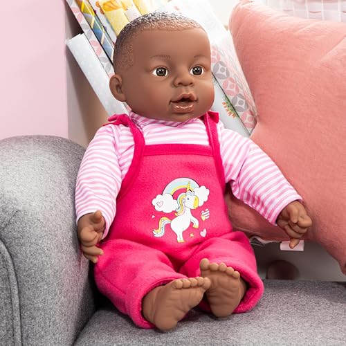 Bayer Design 94001AI Funktionspuppe, Babypuppe interaktiv, sprechend, weicher Körper, 40 cm, dunkelhäutig, Rosa