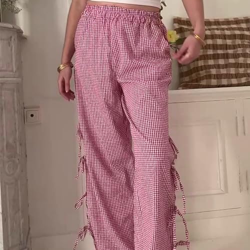 Image of Y2K Gingham Pants for Women Bow Tie Side Slit Wide Leg Lounge Bottom Plaid Checkered Loose Fit Going Out Pants