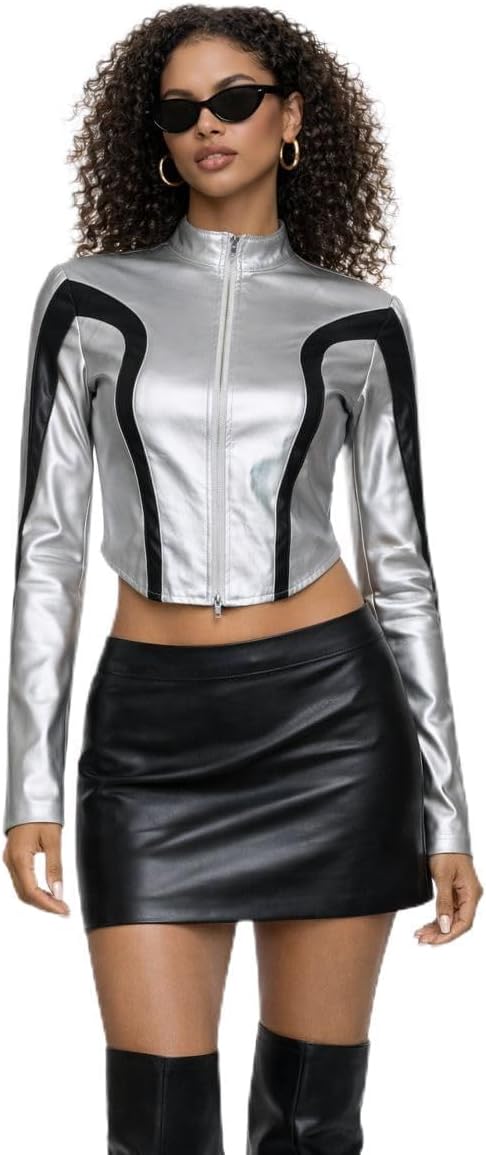 QVA Metallic Crop Jacket, Silver with Black Contrast Panels, Zip-Up Front, Cropped Fit