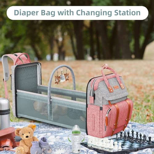 Image of ISMGN Diaper Bag Backpack with Changing Station, Large Diaper Bag, Baby Bag with Changing Station, Pink Diaper Bag, Pinkgray