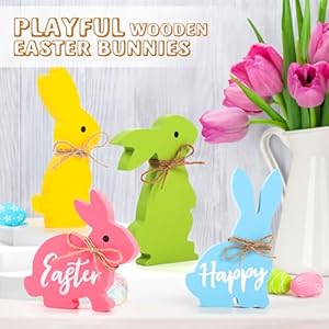 Wooden Bunnies Easter Decorations for The Home 4PCS Cute Bunny Table Decor with Jute Twine Bow Spring Decorations for Tiered Tray Party Favors Tabletop Indoor Gift RY 36FHJR