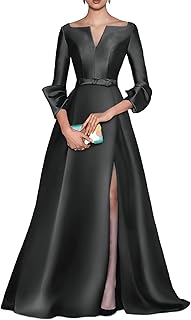 A Line Long Evening Gowns with Side Slit Satin V Neck Wedding Guest Dresses Long Sleeve Cocktail Party Dress