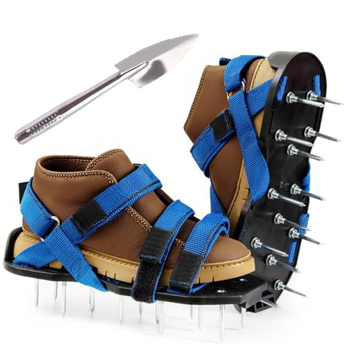 FIDFDID Aireador de césped para aireación del suelo, zapatos con punta para airear césped, aireador de césped, zapatos con doble correa para patio, jardín y césped (azul)