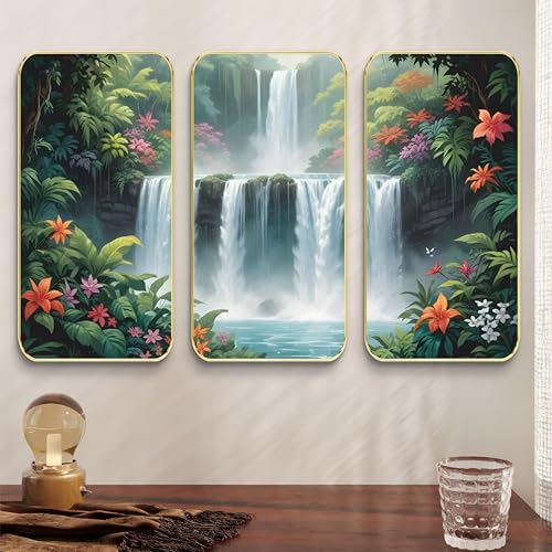 Image of Livin'luxe Set of 3 Waterfall Nature scenery modern art Boho painting Premium Framed Laminated Wall paintings for living room, bedroom, home decoration, wall decoration 20 inch x 30 inch SP-16