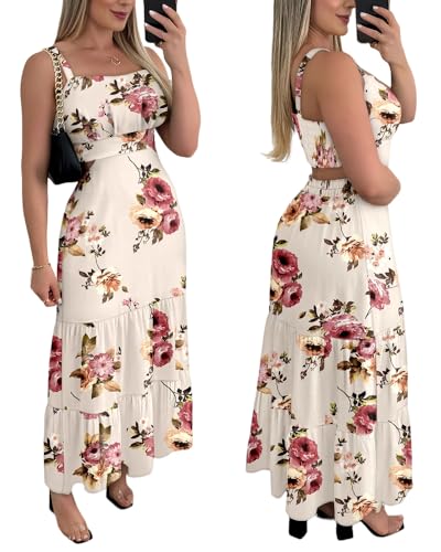 CHICME Summer Dresses for Women 2026 Sleeveless Casual Boho Maxi Dress Square Neck Cut Out Floral A Line Floral Apricot Dress-L