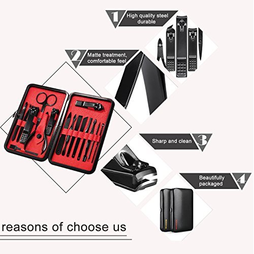Manicure Set Pedicure Set Nail Clippers – Mifine 16 in 1 Stainless Steel Professional Pedicure Kit Nail Scissors Grooming kit with Black Leather Case (Red) - Thumbnail 4
