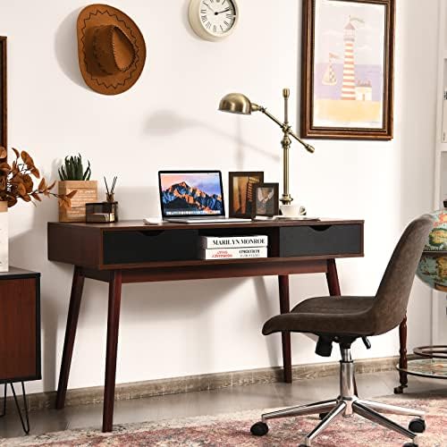 COSTWAY Computer Desk, Wooden PC Laptop Table Writing Workstation with 2 Drawers, Open Shelf and Solid Wood Legs, Home Office Work Study Desk, Walnut+Black