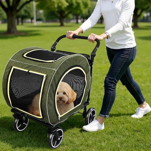 Image of Saudism Pet Stroller for Dogs Cats up to 50 lbs, Foldable Dog Stroller with 360 Swivel Wheels, Detachable Carrier, Adjustable Handle, Travel Dog Stroller for Small Medium Large Pets, Green