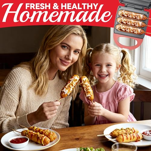 Image of SugarWhisk Electric Corn Dog Maker, Fryer for 3 Mini Corn Dogs on Stick, Cheese Mozzarella Sticks & Treats, Corndog Maker Machine, Hot Dog Machine, Brush Included, Red