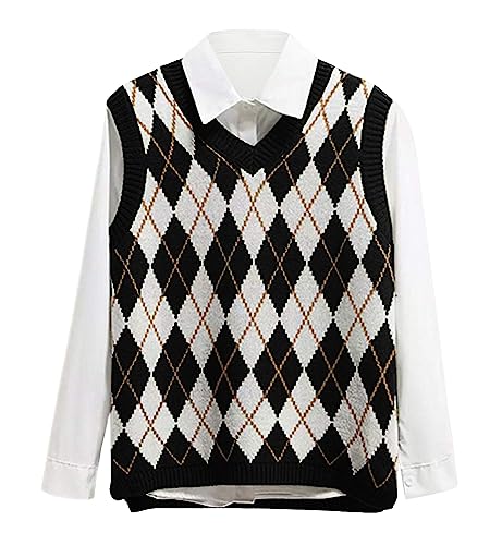 Lailezou Women's V Neck Knit Sweater Vest Argyle...