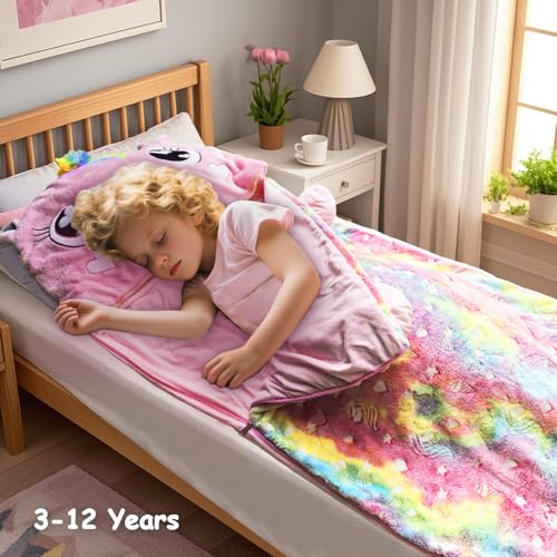 Image of Kids Sleeping Bag, Large Unicorn Slumber Bag for Girls Boys, Portable Nap Mat, Preschool Daycare Kindergarten Birthday Gift 3-12 Yr Child