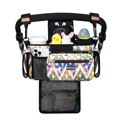 Image of TOPDesign Universal Baby Stroller Organizer Caddy with Detachable Mesh Bag & Heightened Insulated Cup Holders & Non-Slip Secure Hooks Accessories, Fits Most Strollers (Colorful)