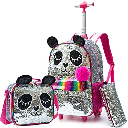 Meetbelify Cute Panda Girls Rolling Backpack Wheels Backpacks for Kids Luggage Wheeled Sequin Sparkly Trolley Trip Suitcase for Elementary Students Carry on Backpack with Lunch Box for Girls