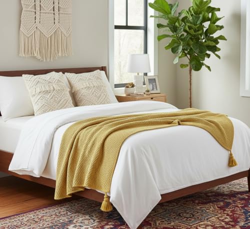 Image of Furnistitchs Plain Solid Knitted Sofa Throw Blanket 50x60 inches / 125x150 cms| Cotton Plain Knit with Tassels | Aesthetic Bohemian Decorative Couch Throws for Living Room & Bedroom (Mustard)