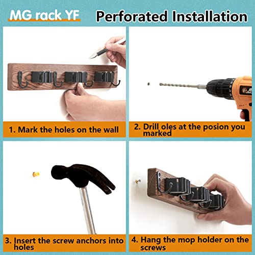 Mg Rack Yf Mop And Broom Holder Wall Mount, Rustic Solid Wood Holder Garden And Kitchen Garage Tool Organizer Wall Hanger For Home Goods (3 Positions With 4 Hooks) #TOP5