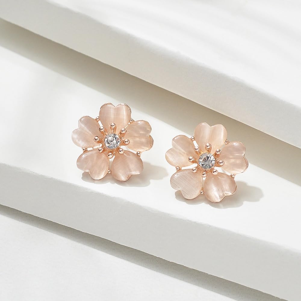 Parure bijoux Sakura délicate collier & boucles d'oreilles cristal œil de chat 4 feuilles & boucles tige trèfle 4 feuilles - Fleur cerisier rose
