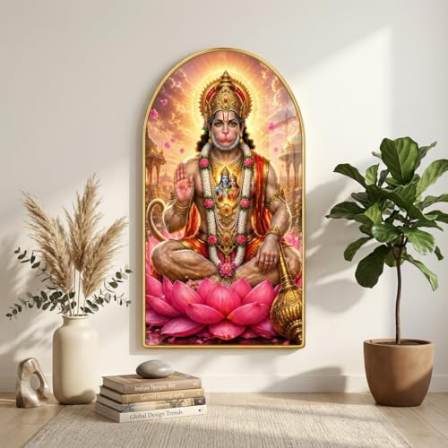 Image of SAF Lord Hanuman Wall Painting for Living Room, Devotional Lotus Artwork, PVC Golden Frame, Arch Shape Wall Decor for Pooja Room, Bedroom, Home Office & Gift (30 x 16 Inch) RPNL-01-98