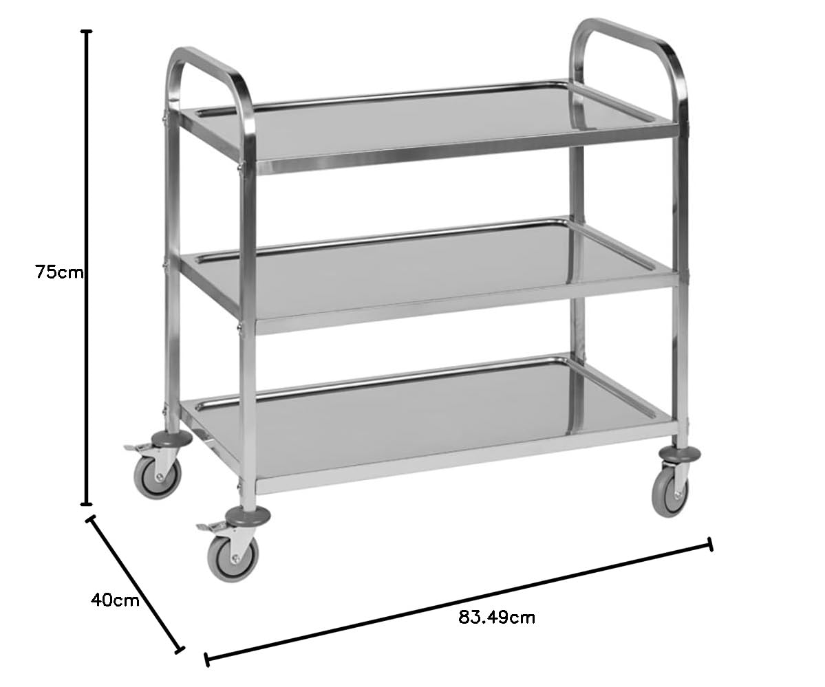 Carrello di Servizio in Acciaio Inox per Cucina, 3 ripiani, 75x40x83,5cm, Portavivande, Con Maniglie e Ruote con Freno, Per Ristoranti Catering e Cucine Professionali, Assistenza ITA